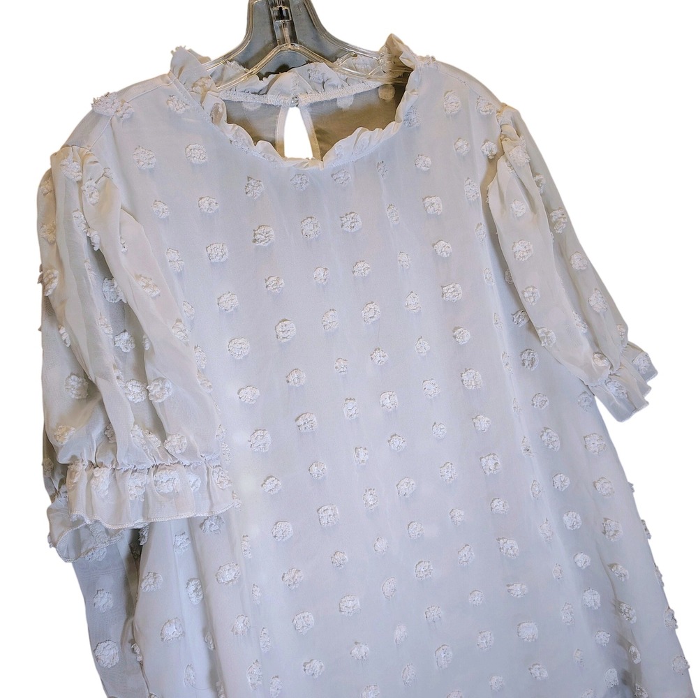 SHEIN Curve White Swiss Dot Ruffle Mock Neck Top 4XL Short Sleeve Pom Pom Boho